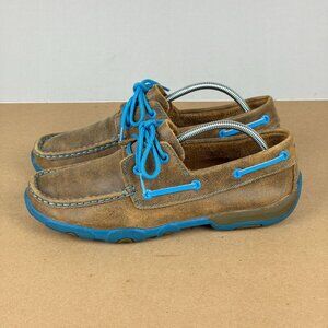 Twisted X Leather Driving Moc Lace Up Loafers Womens 8 Brown Blue Low Top